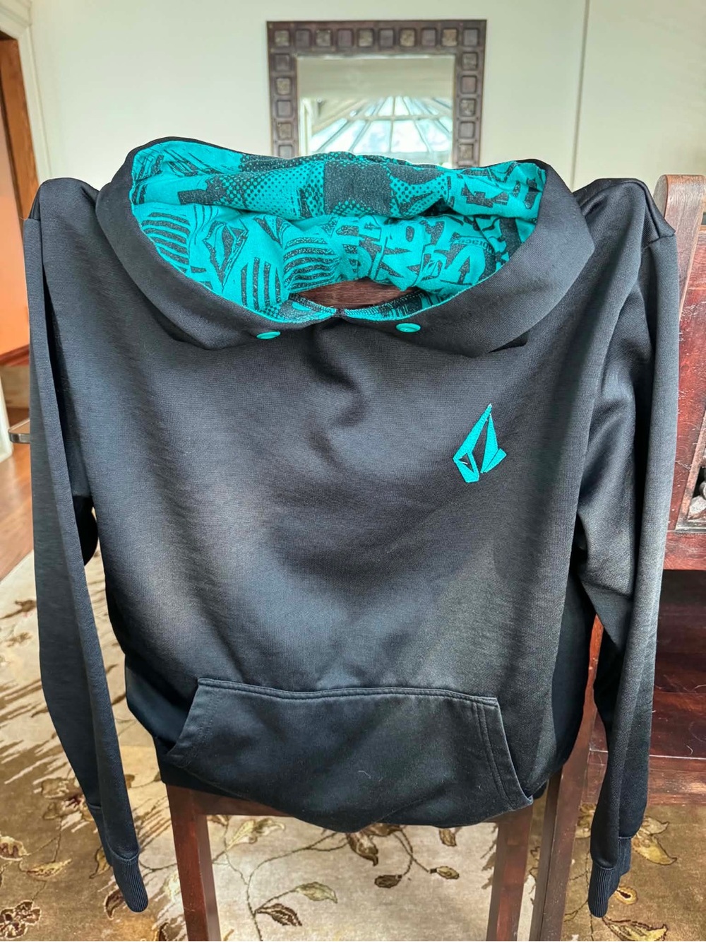 Volcom Black Hoodie with Teal Accent and Teal Patterned Lining
